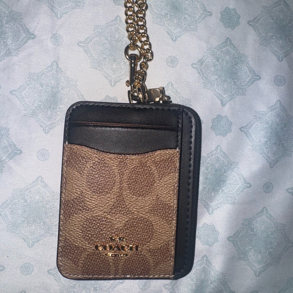Coach Tan and Black Card Holder with Gold Chain